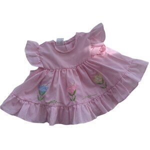 Vintage Pastel Striped Ruffle Sleeve Tulip Embroidered Babydoll Top 6-9 Months
